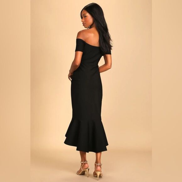 Lulus How Much I Care Black Off-the-Shoulder Midi Trumpet Dress Size Small NEW - Picture 14 of 16